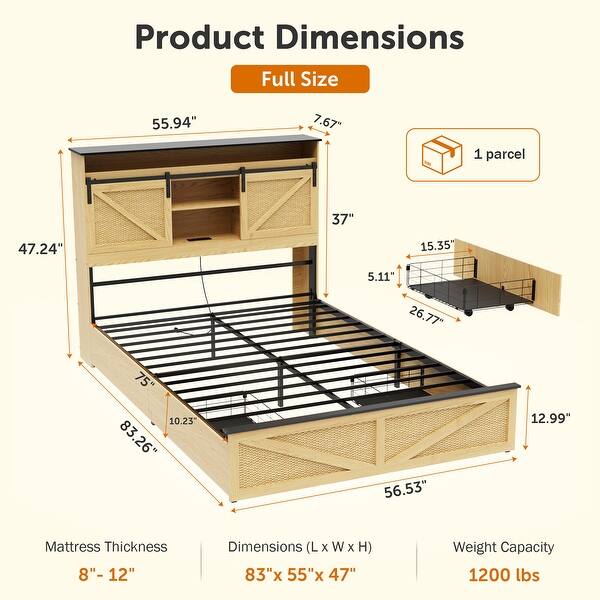 Farmhouse Full Size Bed Frame With Storage Headboard Drawers Charging ...
