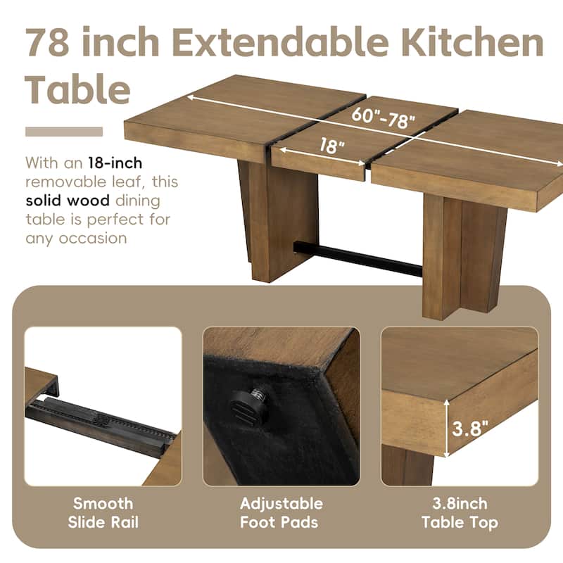 Farmhouse 78.1" Expandable Dining Set‌ – Includes Bench & 4 Upholstered Chairs, 3.8" Thick Tabletop with Trestle Base.