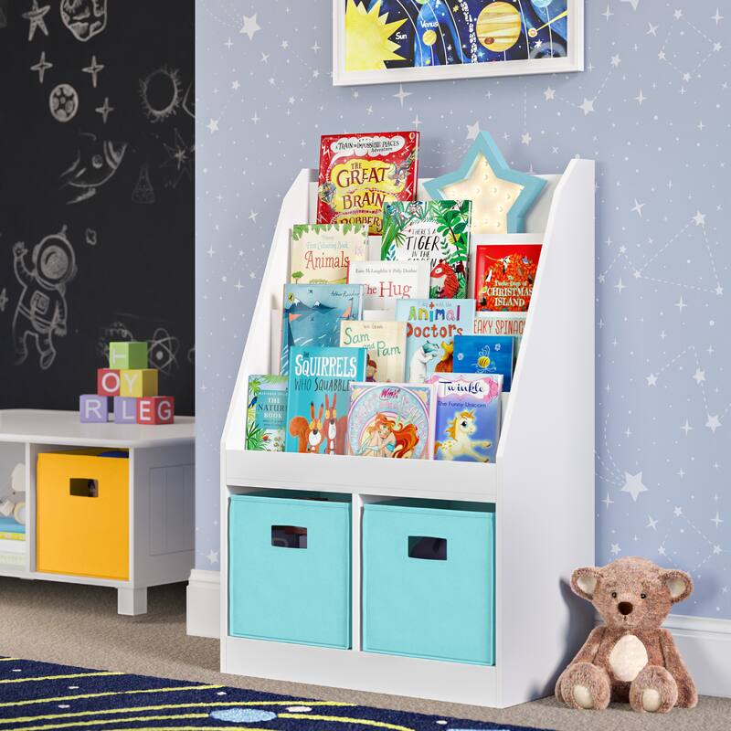 RiverRidge Kids Bookshelf and Toy Storage Organizer with 4 Racks and 2 Cubbies for Playroom, Nursery - White with 2 Aqua Bins