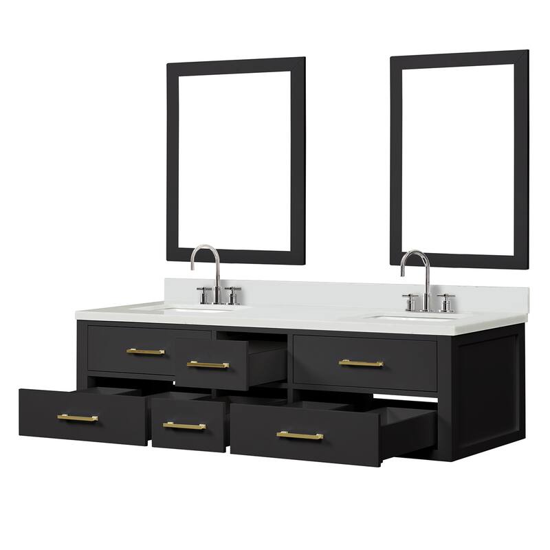 Castor 60 in W x 22 in D Black Double Bath Vanity, White Quartz Top, Faucet Set, and 28 in Mirrors