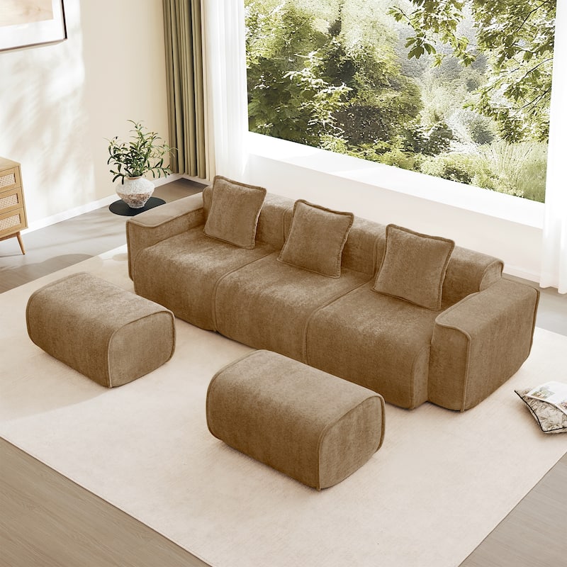 GDFStudio - Streamlined Velvet 3-Seater 108.66" U-Shaped Modular Boneless Sofa with 2 Ottomans - Brown