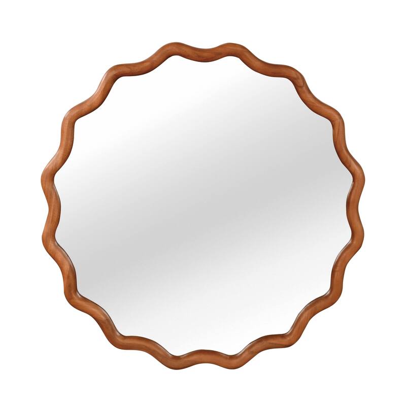 GDFStudio - Primeva Organic Wavy Round Solid Wood Decorative Wall Mirror with Sculptural Frame Design