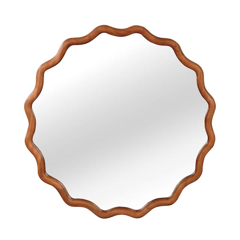 Wavy Round Solid Wood Frame Decorative Mirror - Antique Brown