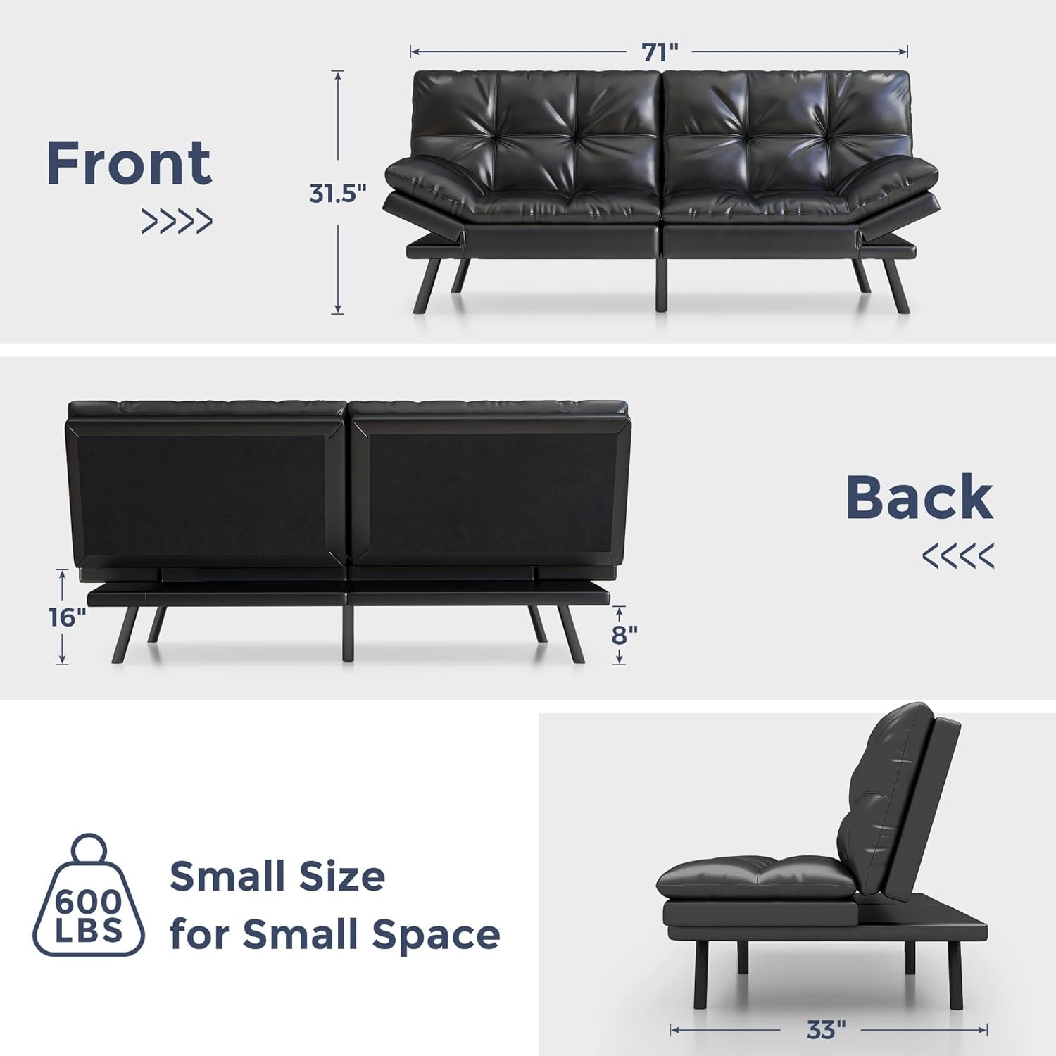 Memory foam futon sleeper sofa bed clearance couch convertible foldable black full size