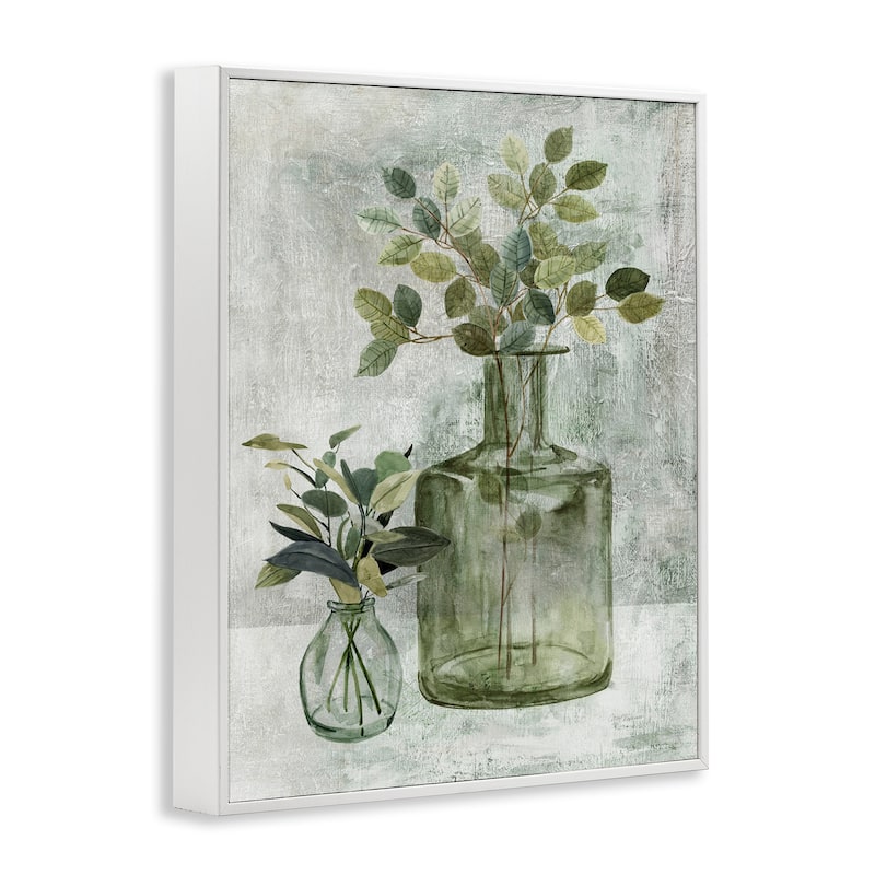 Stupell Herbal Plants Green Leaves Country Vase Rustic Painting Framed Wall Art - Off-White