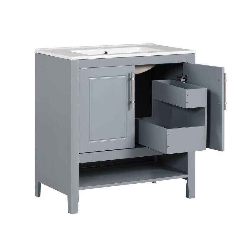30" Bathroom Vanity Set with Sink, Solid Wood & MDF Board, Freestanding with Multi-Functional Drawers & Doors