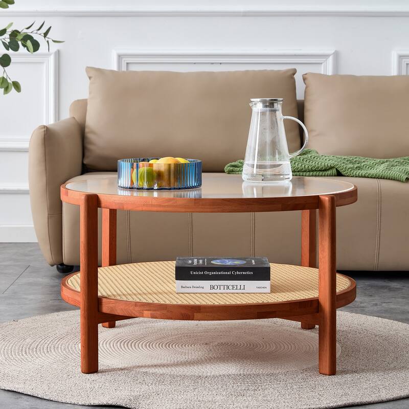 Circular Double-Layer Coffee Table, Glass Coffee Table with Open Rattan Storage Shelf Solid Wood Frame Tea Table