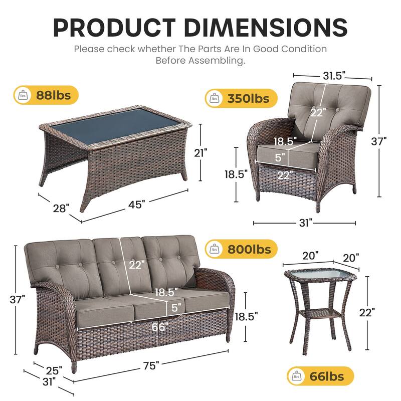 Gymojoy Outdoor Wicker Patio Furniture Set, 5" Thick Cushioned Rattan Conversation Set with Sofa & Chairs