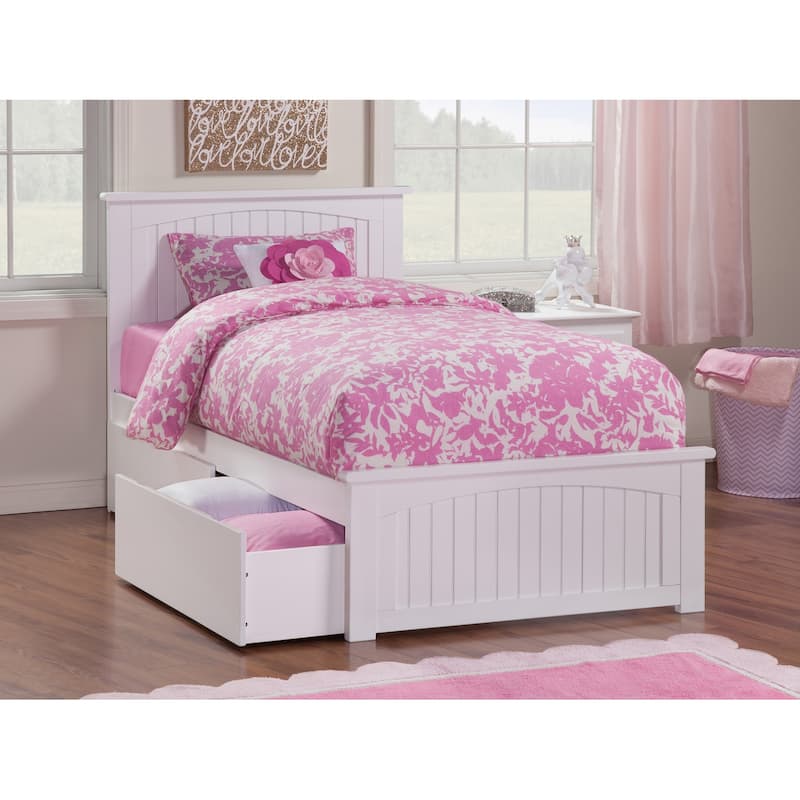 Nantucket Twin Platform Bed with Matching Footboard with 2 Drawers in White - White - Twin