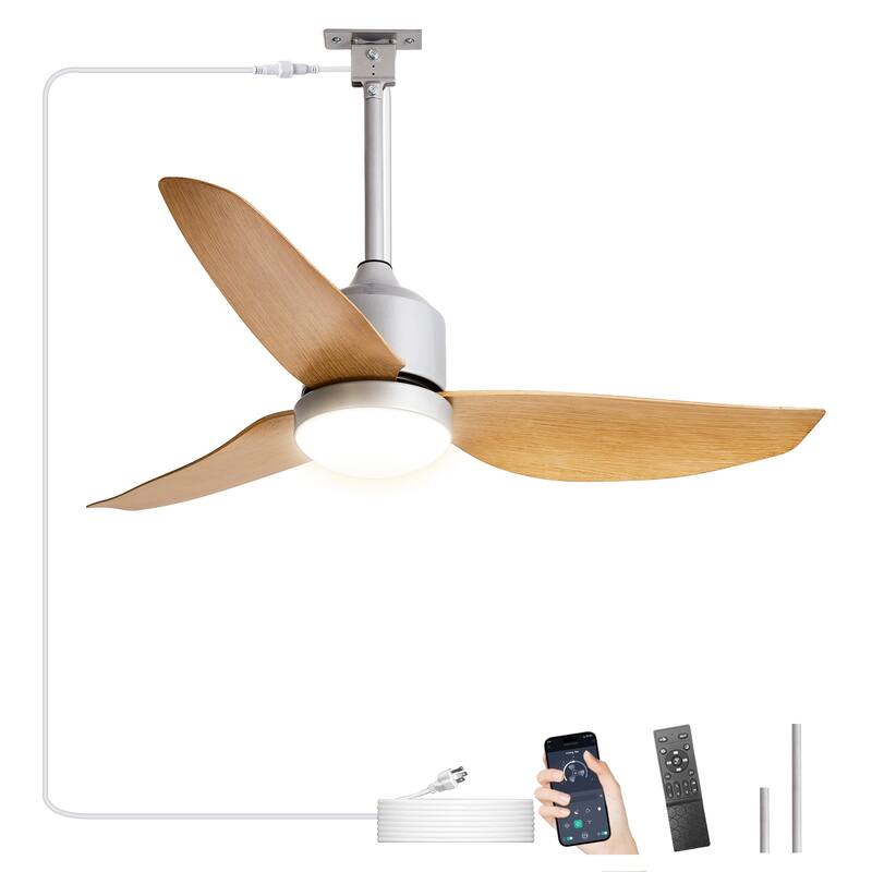 Outdoor Ceiling Fan with Light: 42-52 Inch Hanging - Plug in Waterproof Fans for Patio - Dimmable Remote App Control Black - Wood - 42in