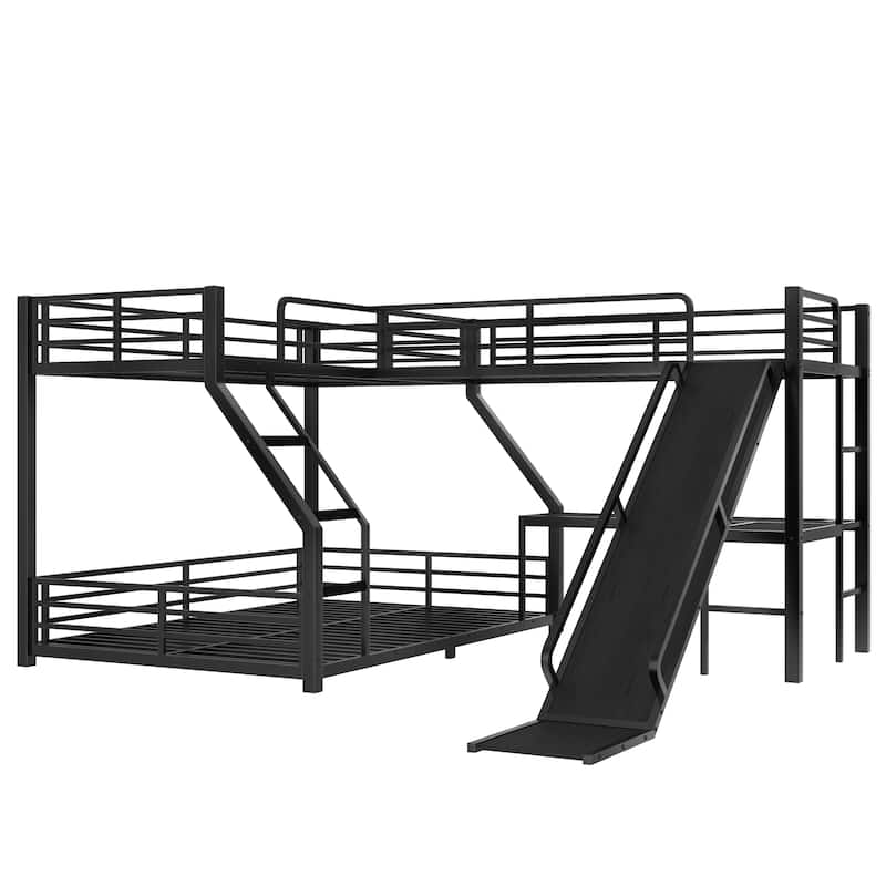 Roomfitters L-Shaped Twin over Queen/Full Metal Triple Bunk Bed with Twin Loft, Slide & USB Ports, Space-Saving Noise-Free Frame