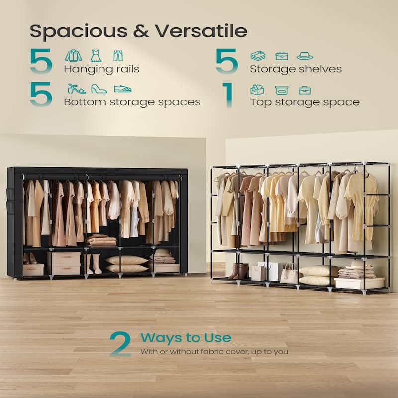 Multi-Section Fabric Closet Organizer with Sturdy Steel Tubes and 4 Convenient Storage Pockets