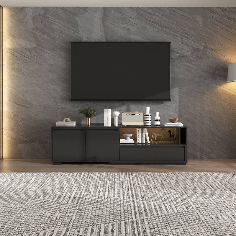 Modern Black TV Stand with LED Lighting and Expandable Open Area: Stylish, Customizable & Ultra - Practical