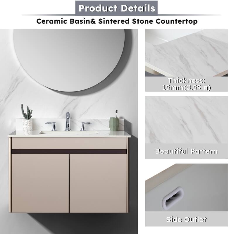 Durable 37-Inch Sintered Stone Vanity Top, Pre-Drilled Faucet Hole, and Carrara White Pattern - 37.01in L