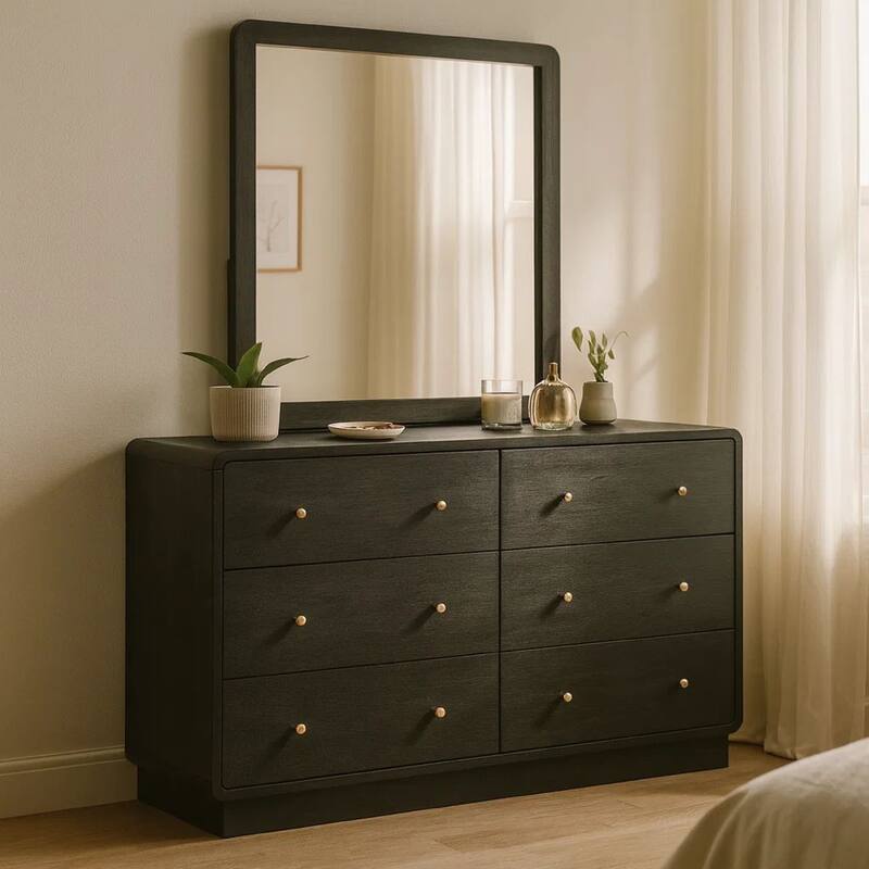 Cavy Wide Dresser with Matching Mirror, 6 Drawers, Black Wood, Gold