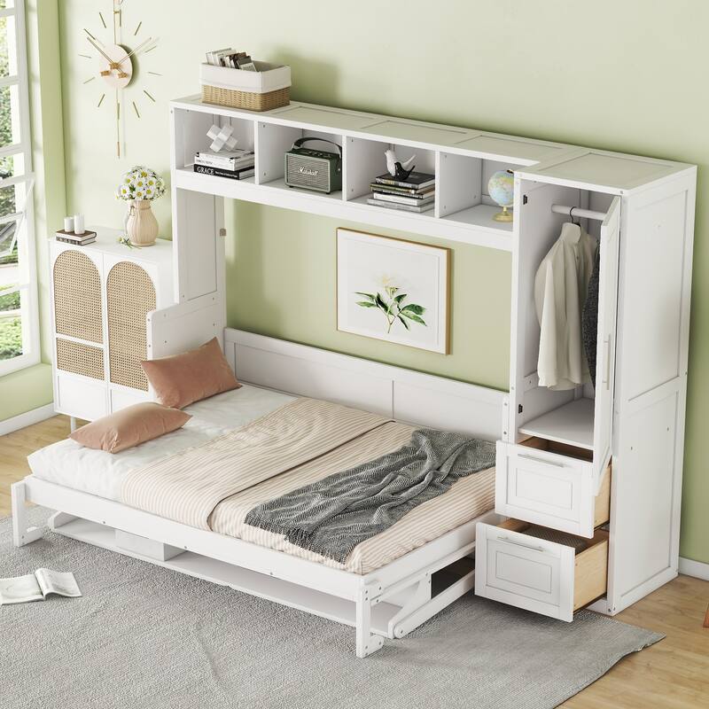 Full Size Foldable Murphy Bed with Wardrobes & Storage Drawers, Wooden Hideaway Wall Bed Cabinet w/Top Shelf for Small Spaces