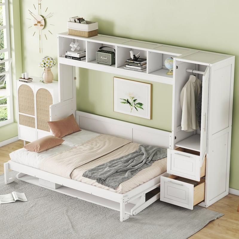 Space Saving Murphy Bed with Integrated Storage, Wood Foldable Wall Platform Bedframe with Closet, Shelves and Drawers
