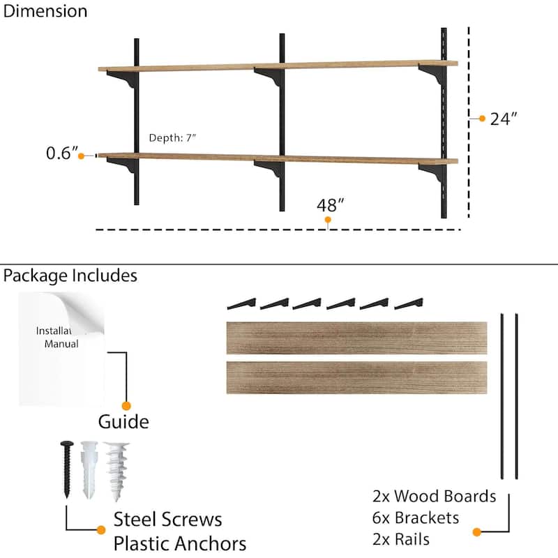 Wallniture Turin 48" Adjustable Shelves, Floating Bookshelves for Wall Decor, Real Wood Boards, Wall Mounted, 2,3 or 4 Tier