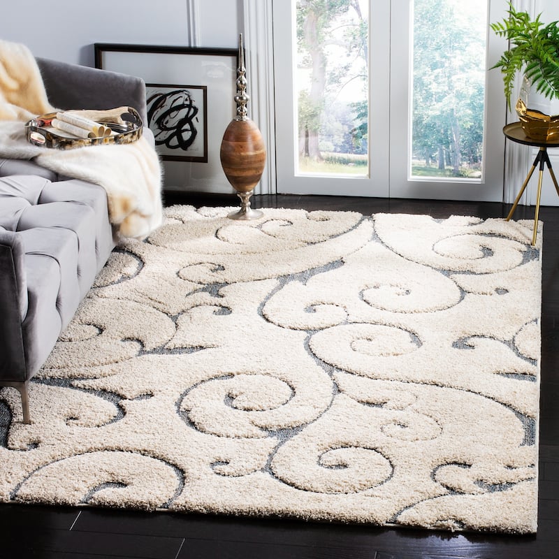 SAFAVIEH Florida Shag Shahin Scroll 1.2-inch Thick Textured Rug - 2'3" x 4' - Beige/Blue Grey