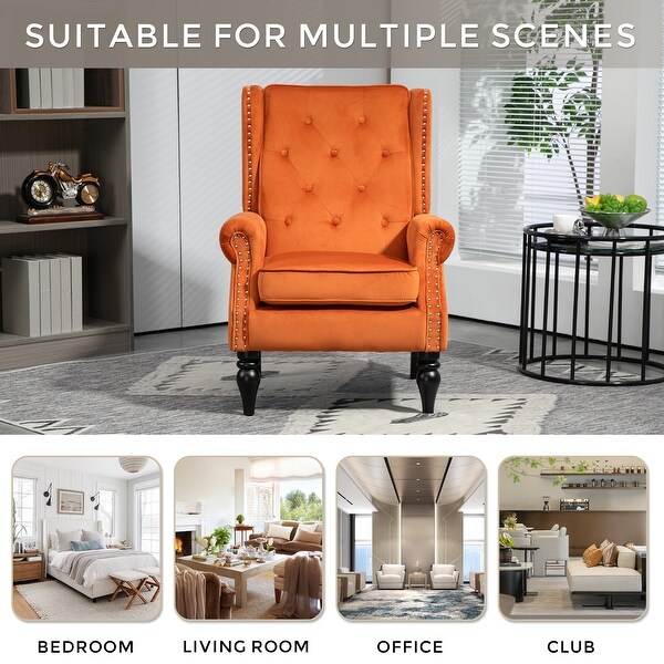Modern Wood Frame Upholstered Armchair, Nailhead Trim Retro Accent