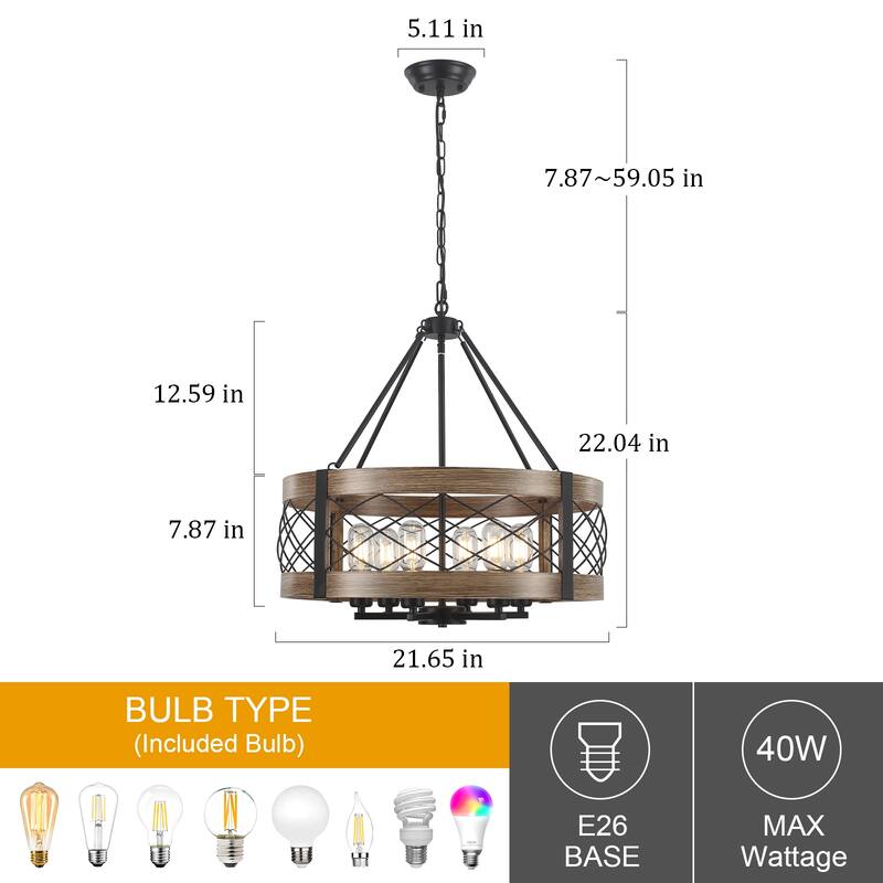 Drum Rustic Hanging Lights 6-Light Adjustable Farmhouse Chandelier Dining Room Light Fixture Kitchen Island Lighting - N/A