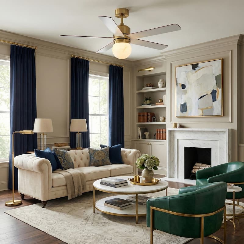 52" Modern Brushed Gold Bubble Glass Alabaster Reversible Ceiling Fan with Light and Remote