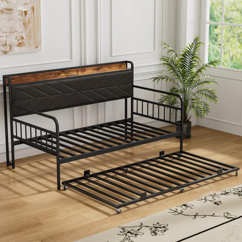 Javlergo Black Metal Daybed with USB Charging Pull-Out Trundle PU Leather Storage Headboard Space-Saving Sleeper Sofa Bed