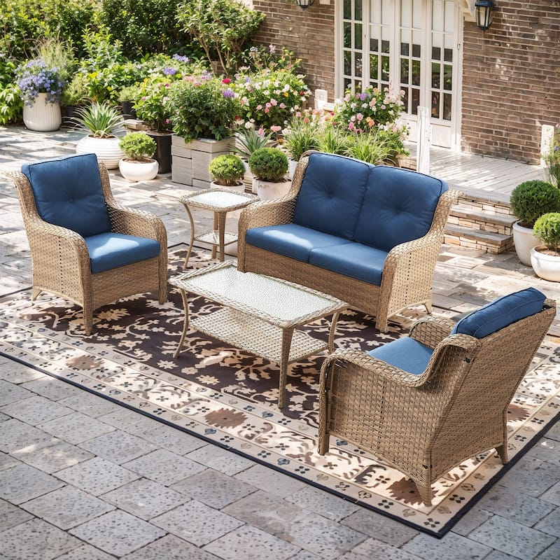 Pocassy 5 Pieces Outdoor Patio 2-Seat Sofa Chairs with Coffee Table - Yelllow Wicker - Blue cushion