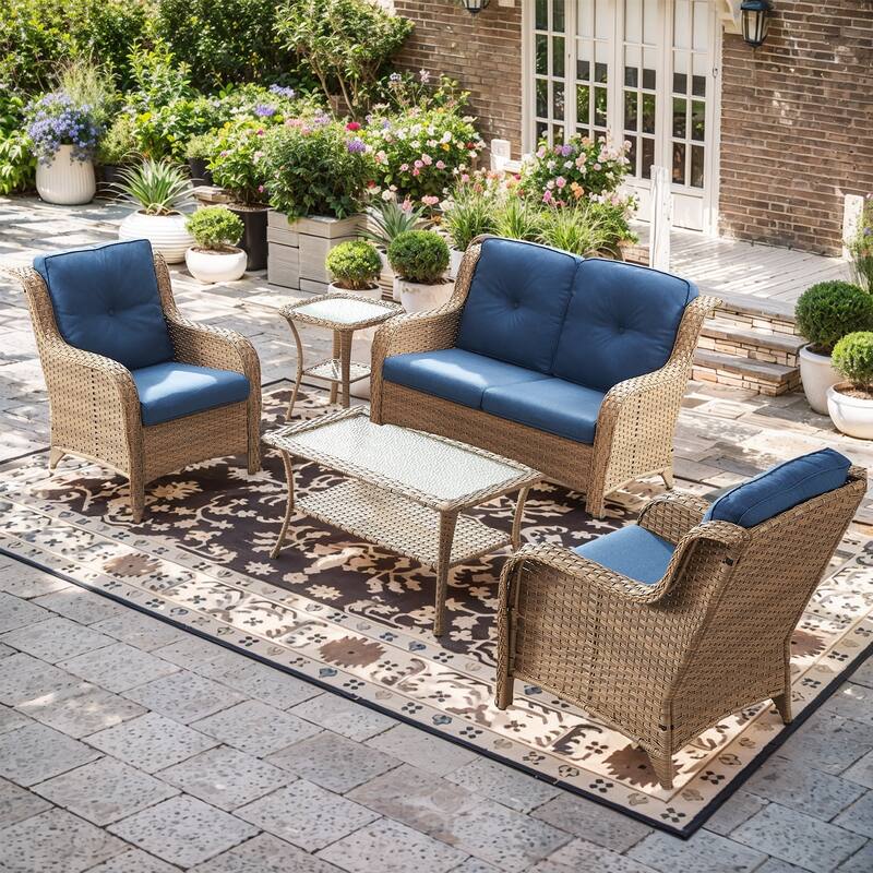 Pocassy Outdoor Patio Sofa Chairs with Coffee Table - 5 Pieces 2-Seat Sofa Patio Chair with Table - Yellow Rattan Blue Cushion