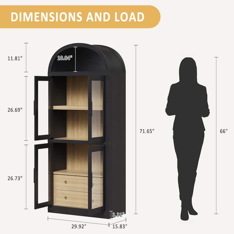 71" Tall Bookshelf, 4 Tier Book Shelf with 2 Storage Drawers, with Doors