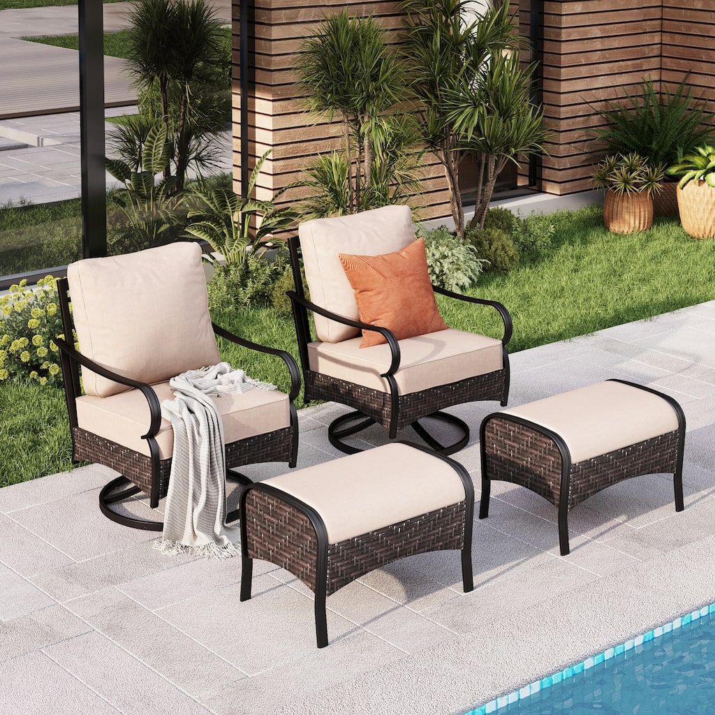 MAISON ARTS 4 Piece Patio Conversation Set, PE Wicker Rattan Outdoor Lounge Chairs with Soft Cushions 2 Ottoman
