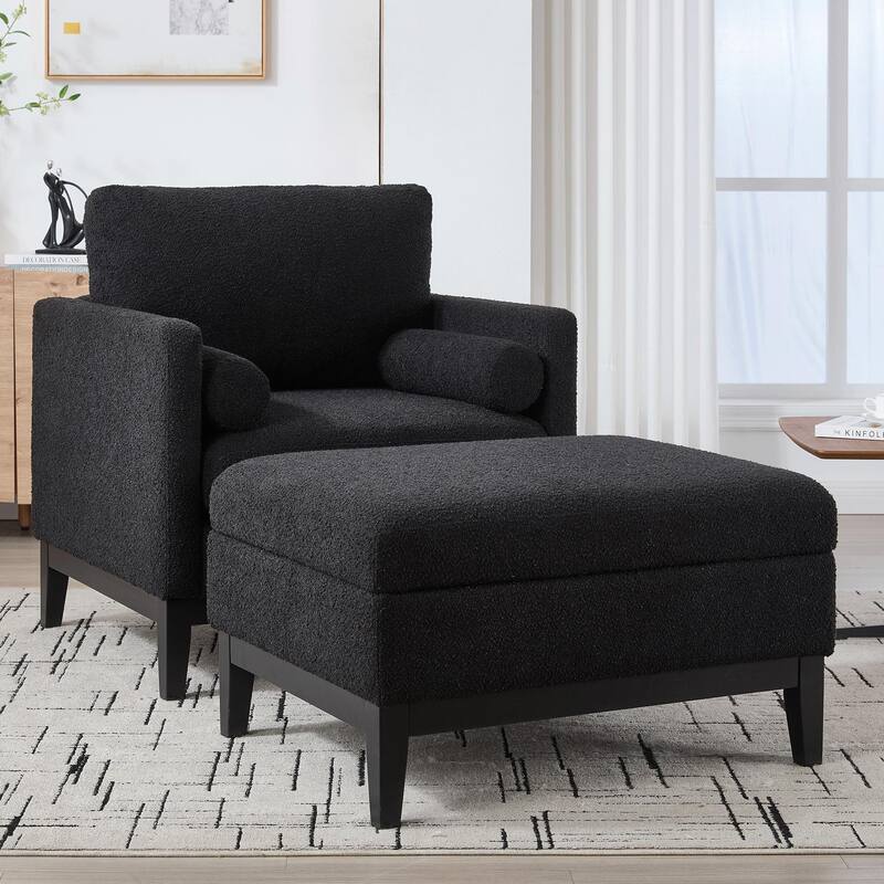 Boucle Armchair with Storage Ottoman - 300lb Capacity, Farmhouse Style