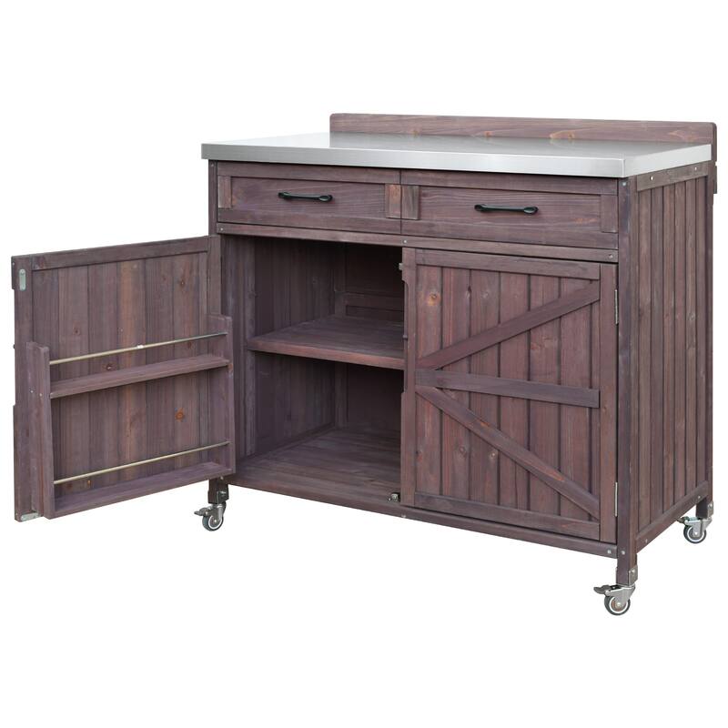 39.4" Outdoor Kitchen Island with Stainless Table Top, with One Large Drawer, Internal Storage Racks & 4 Wheels