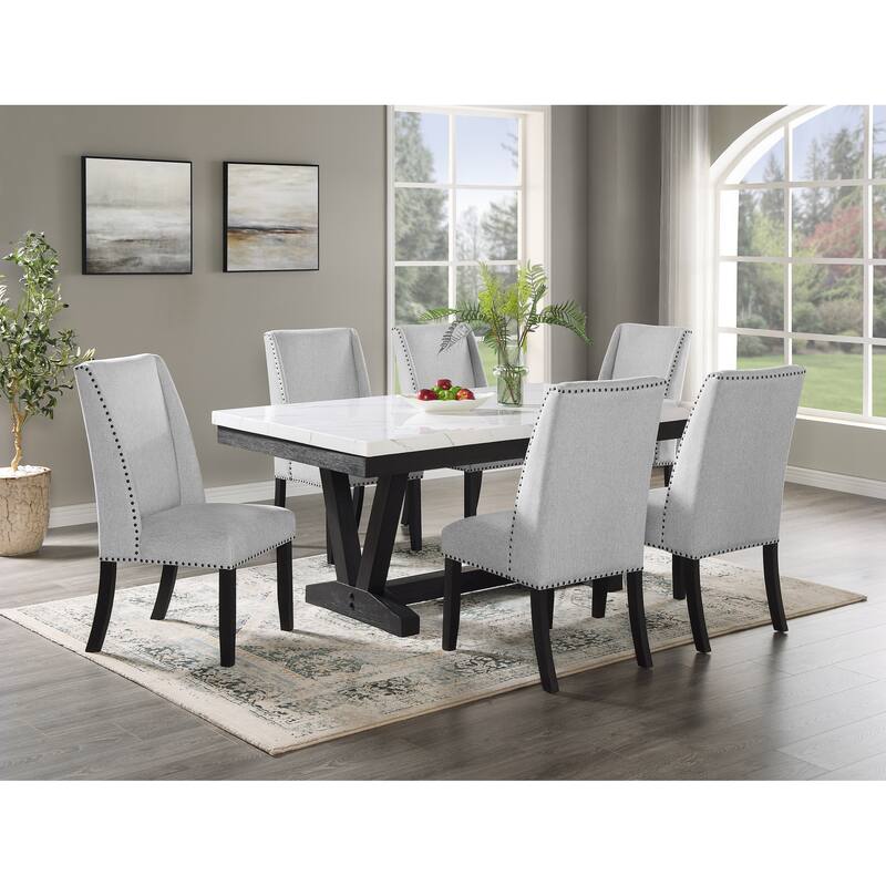 1pc Transitional Modern Formal Dining Table White Faux Marble Rectangular Table Top Trestle Base Black Finish Legs Woode