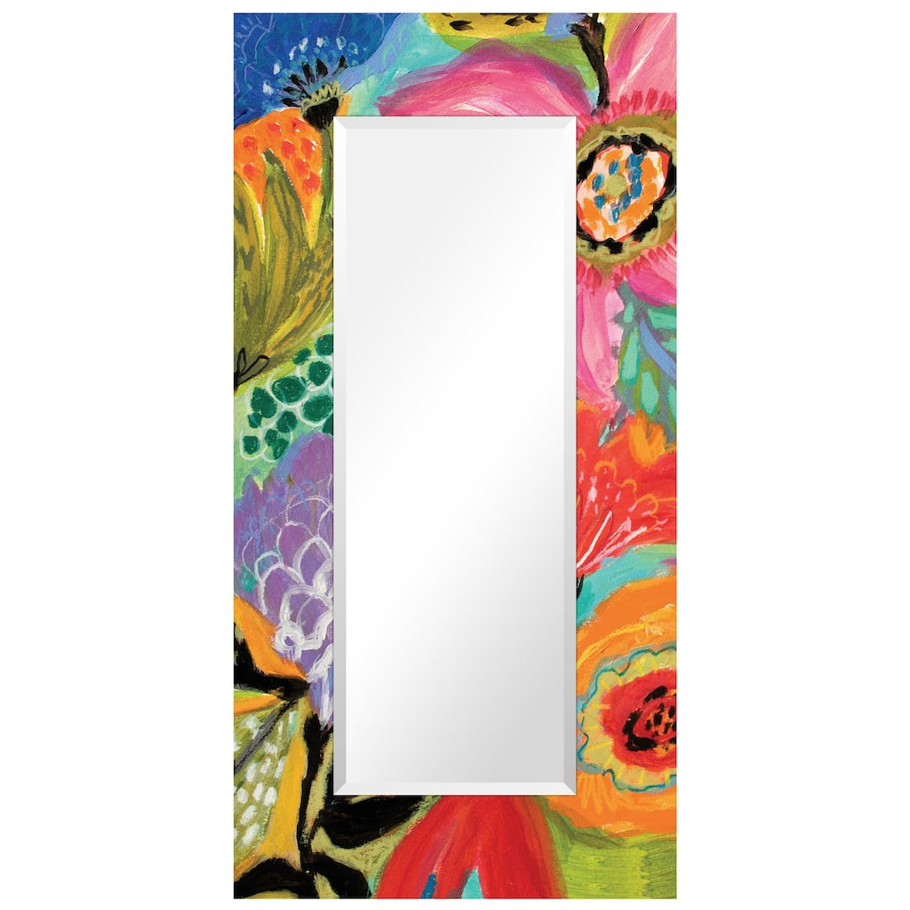 "Secret Garden Floral II" 72"x36" Colorful Rectangular Beveled Leaner Mirror on Free Floating Reverse Printed Tempered Art Glass