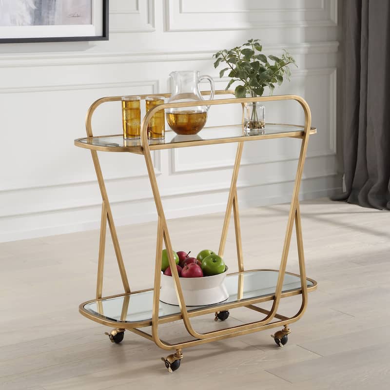 2 Tier Mirrored Top Beveled Serving Cart - 35.75" - Brass