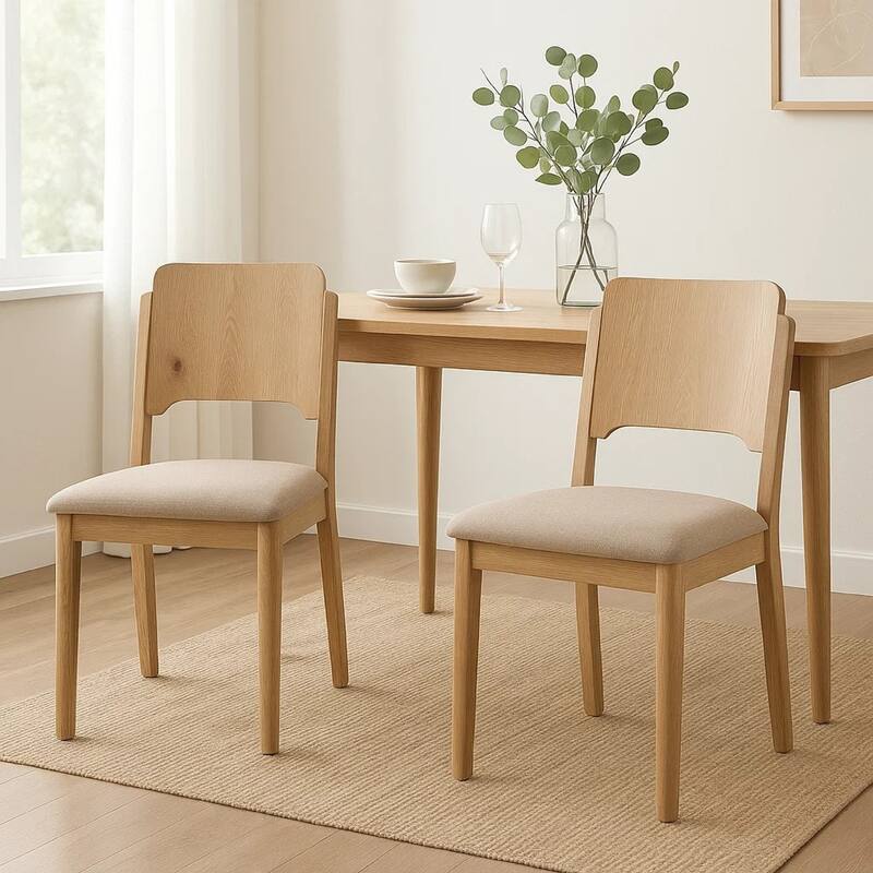 Dining Chair Set of 2, Khaki Padded Fabric Seat, Brown Wood Legs