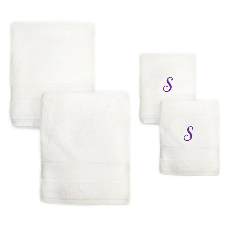 Sweet Kids 2-piece White Turkish Cotton Bath and Hand Towel Set with Lavender Purple Monogrammed Initial - white/purple s
