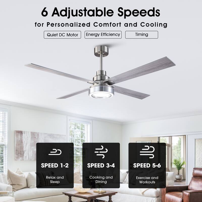Vaczon 60" Modern Brushed Nickel Integrated LED Smart Ceiling Fan with Light and App