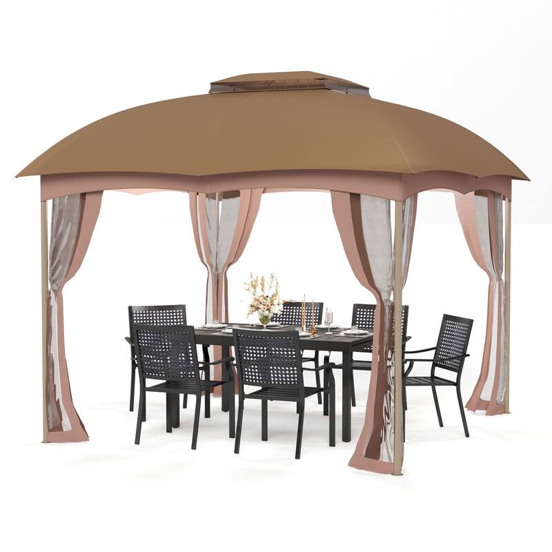 10ft x 10ft Pop Up Double-vented Gazebo with Mosquito Mesh Netting Walls - Brown