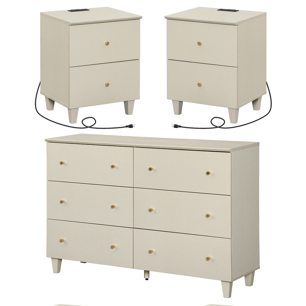 WAMPAT 6-Drawer Dresser and Nightstands Set of 3 for Bedroom