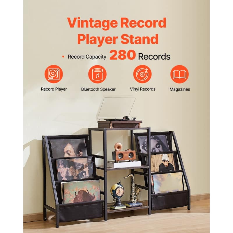 Black 3-Tier Metal Record Player Stand with Built in Power Strip and Oxford Fabric Bags - 49.21" x 11.81" x 29.13"