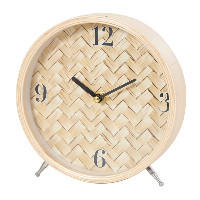 Light Brown Wood Woven Clock Chevron Patterned or White Frame with Silver Legs