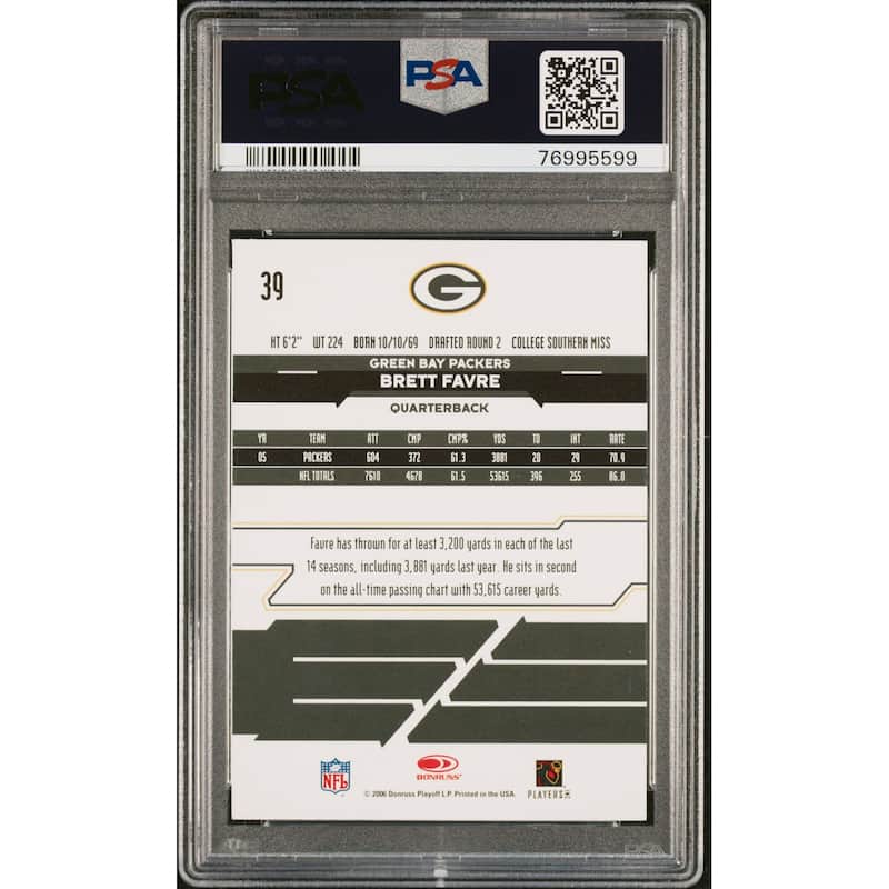 Brett Favre 2006 Leaf Rookies and Stars Football Card #39 Graded PSA 10 - 8'6" x 11'6"