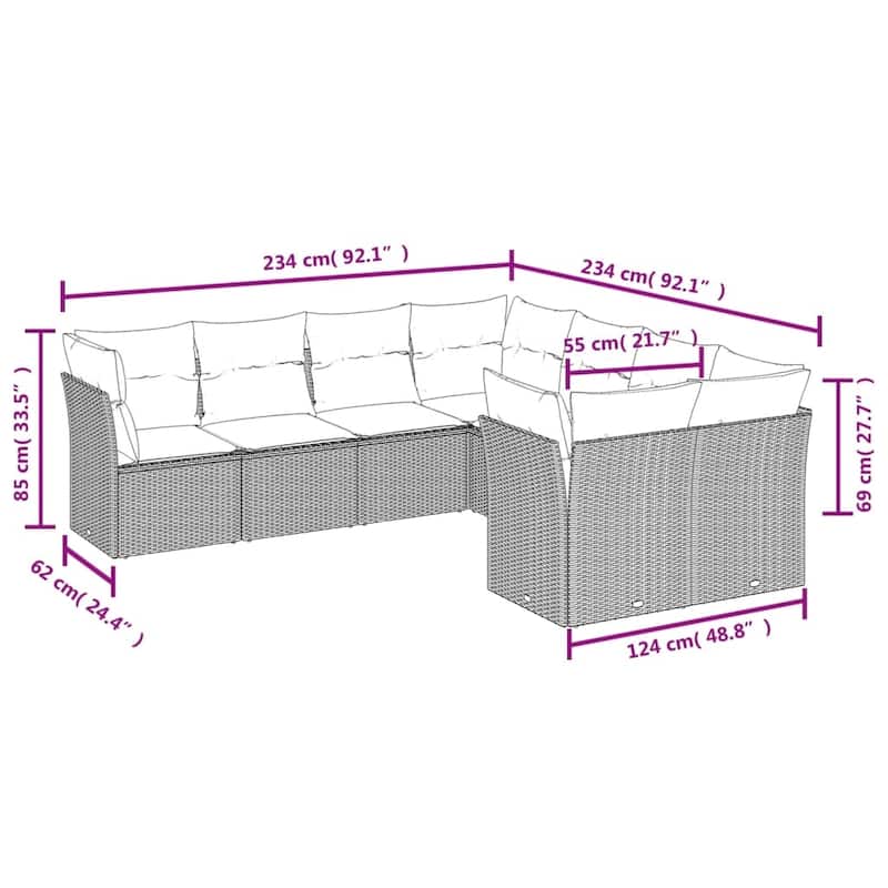 vidaXL Patio Sofa Set with Cushions Outdoor Furniture 8 Piece Poly Rattan - 24.4" x 24.4" x 27.2"