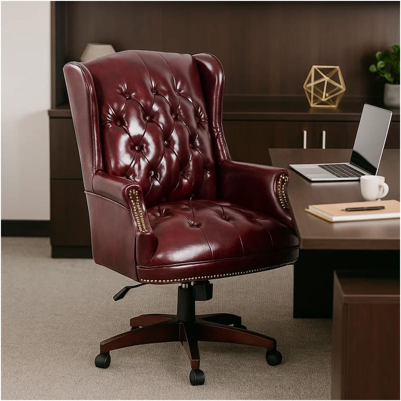 Saily Guest Armchair, Traditional Wingback, Mahogany, Burgundy Vinyl