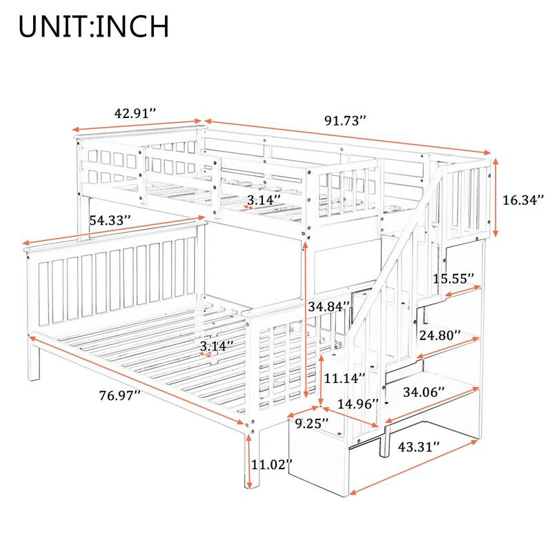 Twin Over Full Bunk Bed with Storage Staircase, Solid Pine Wood Frame, Guardrail for Safety, Convertible Beds for Bedroom