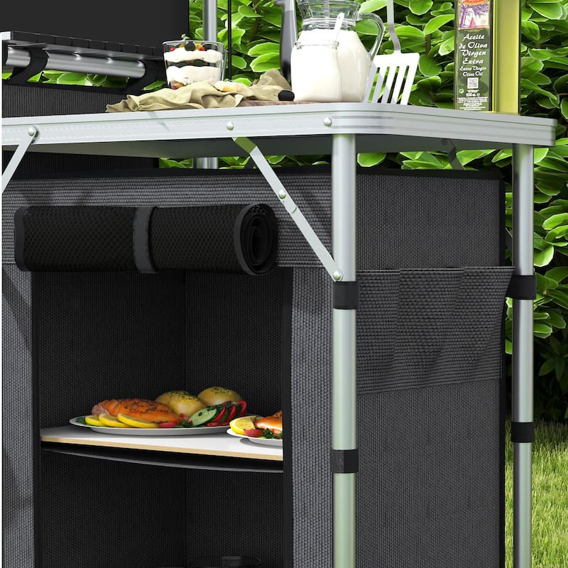 Outsunny Camping Kitchen Table, Portable Folding Camp Kitchen, Aluminum Cook Station with 3 Fabric Cupboards, Windshield