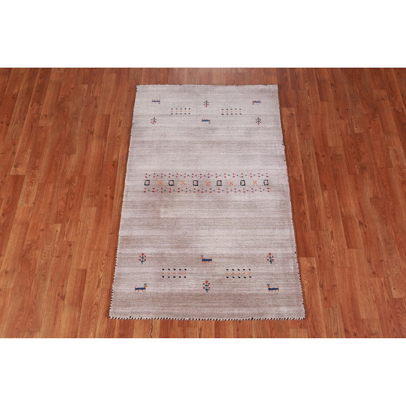 Hand Knotted Oriental 100% Wool Carpet Tribal Animal Pictorial Beige & Ivories Gabbeh Area Rug - 4' 11'' X 2' 11''