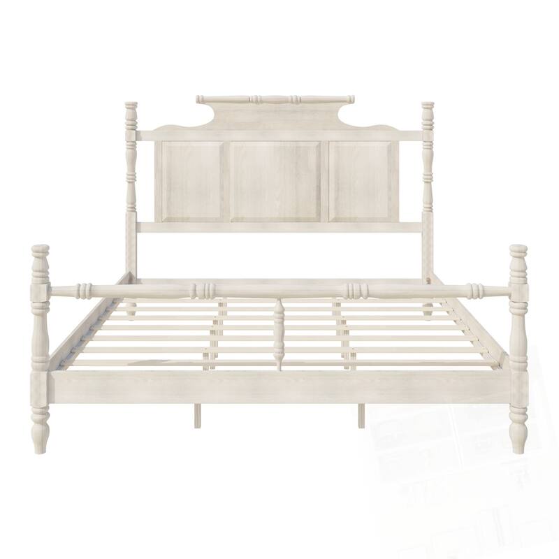 Vintage Country Style Wood Four Poster Platform Bed with High Crown-like Headboard